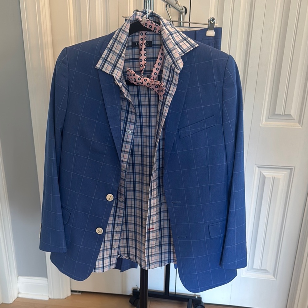 Blue Checkered Blazer with Plaid Shirt and Tie